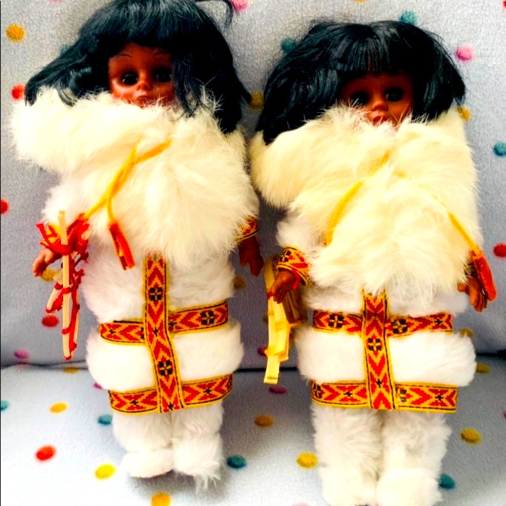 2 Vintage Inuit Eskimo dolls in furs with snowshoes